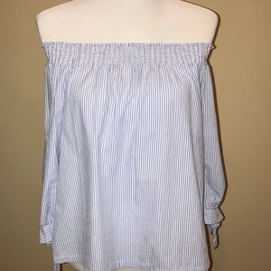 LOFT blue striped off the shoulder top